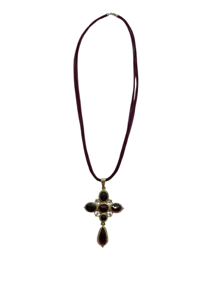 Collier Croix en Or 18 K avec Grenats - 10.52 Grs