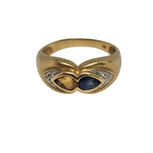Bague en Or Jaune avec Citrine, Saphir et Diamants Taille -56