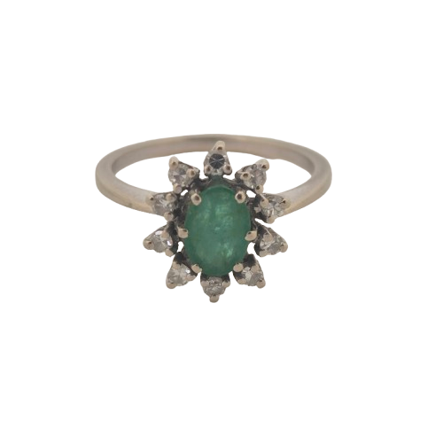 Bague Marguerite en Or Blanc Diamants et Emeraude 18 K - T 53