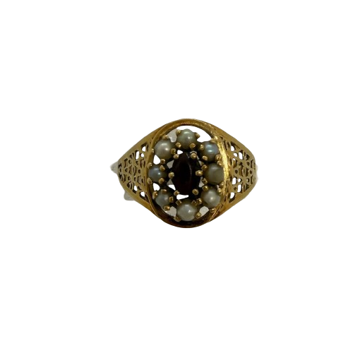Bague en Or Jaune Grenat Perles 18K 3.43 Grs